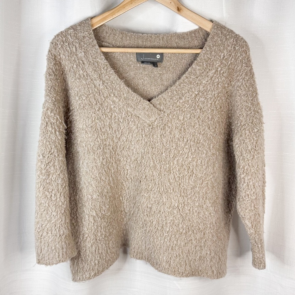 Anthropologie Simone Fuzzy Boucle Sweater XS Petite Alpaca Wool Blend Beige Cozy